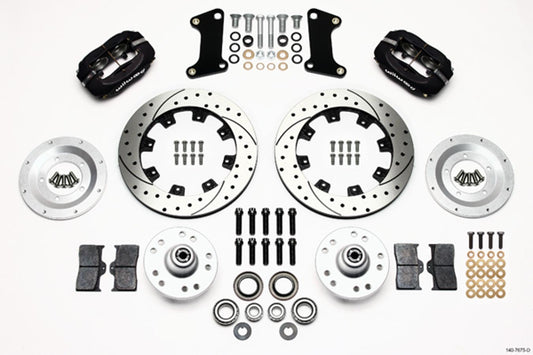 Brake System - Dynalite - Front - 4 Piston Caliper - 12.000 in Drilled / Slotted Iron Rotor - Offset - Aluminum - Black Powder Coat - GM A-Body / F-Body / X-Body 1964-72 - Kit