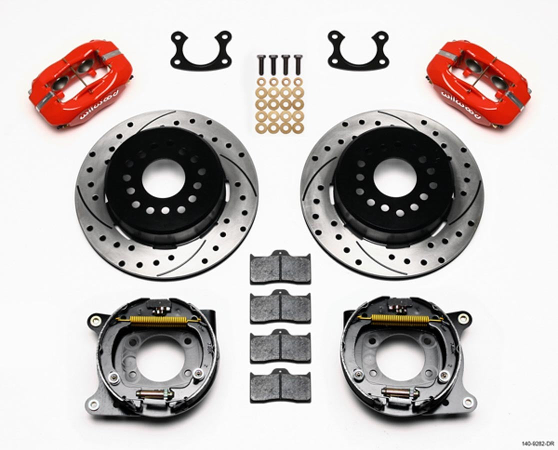 Brake System - Dynalite - Rear - 4 Piston Caliper - 12.19 in Drilled / Slotted Iron Rotor - Aluminum - Red Powder Coat - Small Ford - Kit