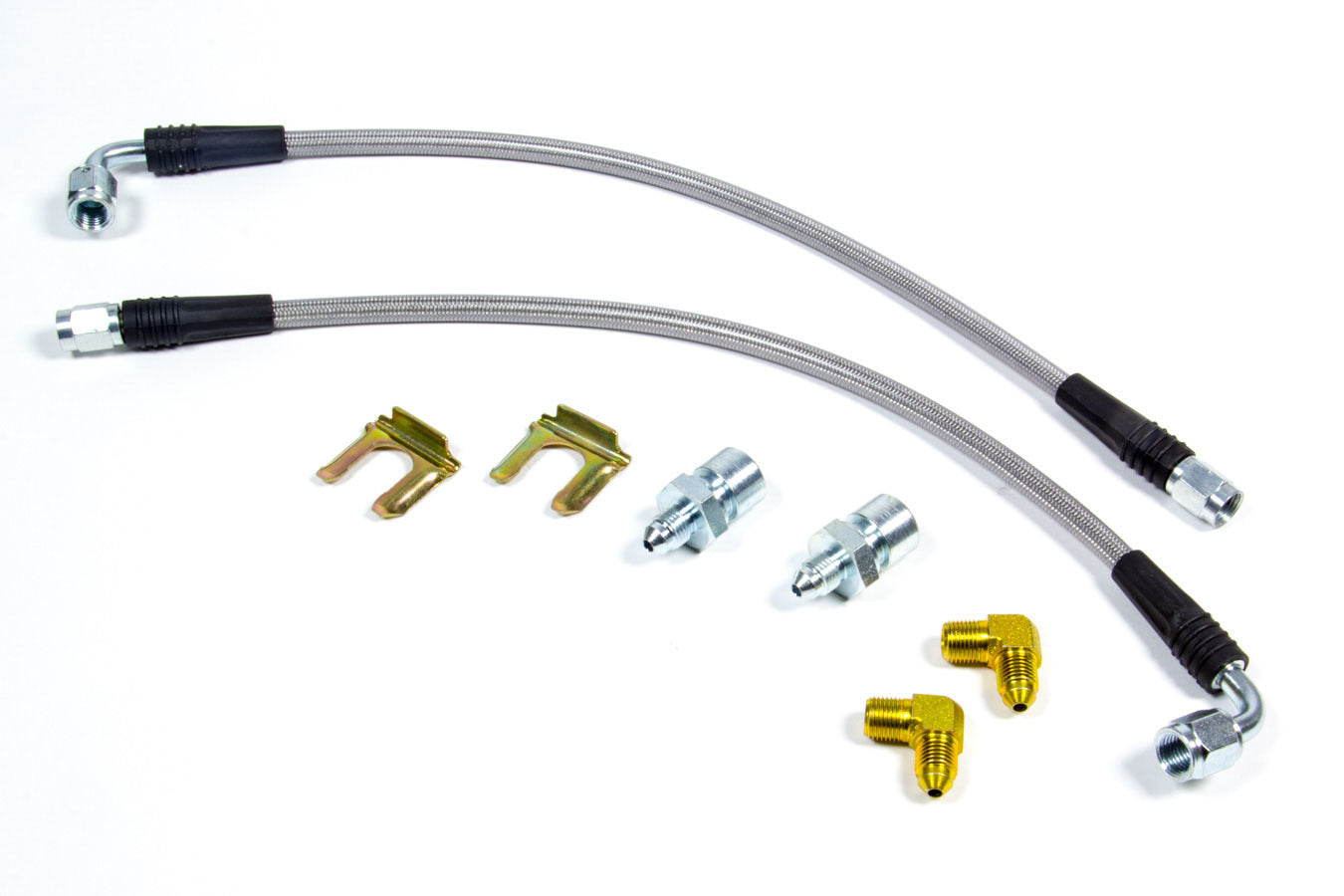 Brake Hose Kit - Flexline - DOT Approved - 14 in - 3 AN Hose - 3 AN 90 Degree Inlet - 3 AN Straight Outlet - Fittings Included - Braided Stainless - Front - GM F-Body 1970-81 - Kit