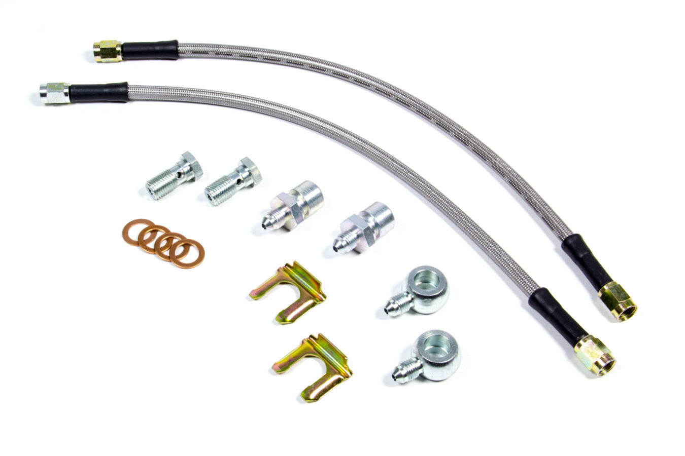 Brake Hose Kit - Flexline - DOT Approved - 14 in - 3 AN Hose - 3 AN Straight Inlet - 3 AN Straight Outlet - Fittings Included - Braided Stainless - Rear - D52 Caliper - Various Applications - Kit