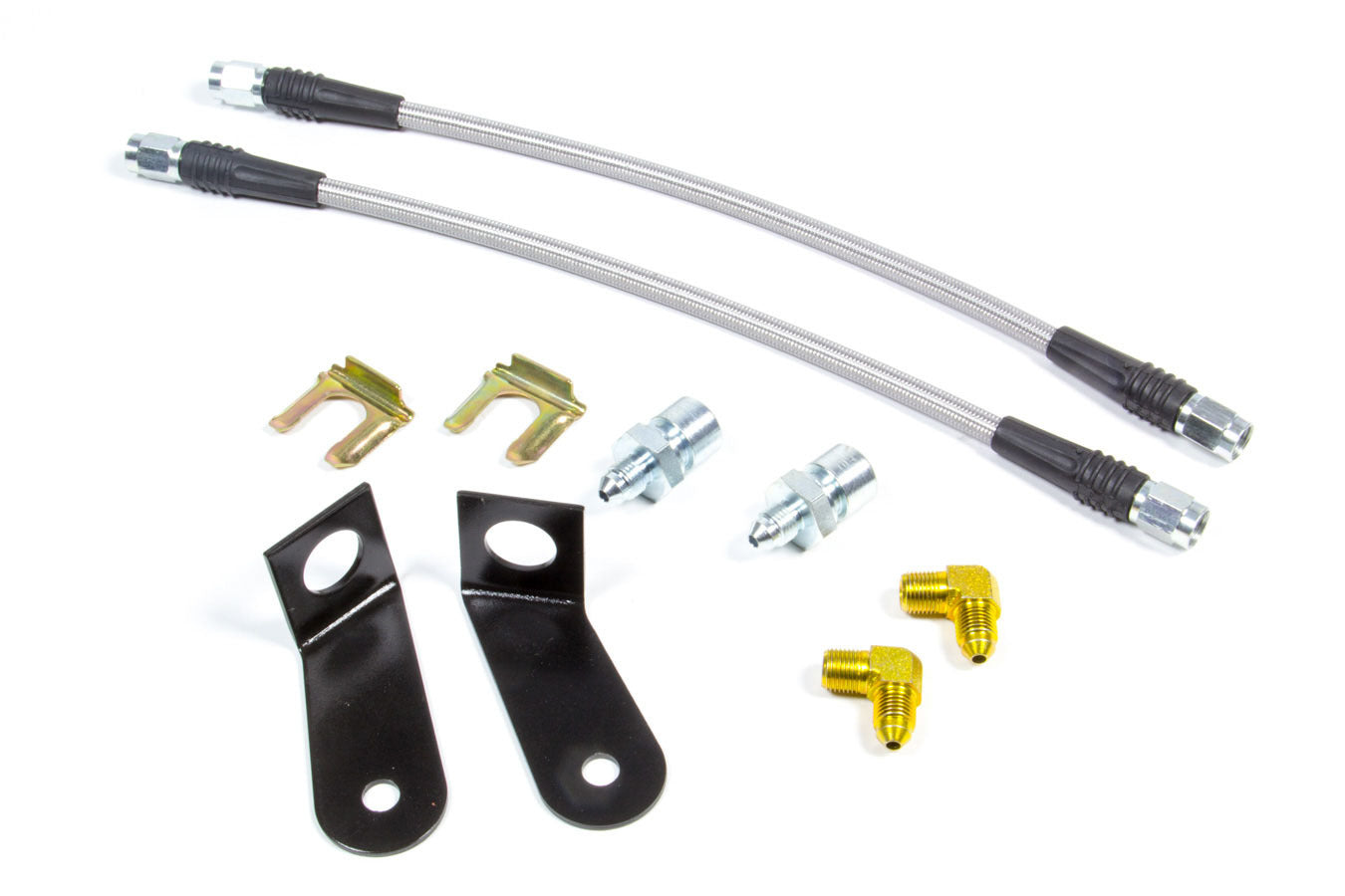 Brake Hose Kit - Flexline - DOT Approved - 12 in - 3 AN Hose - 3 AN Straight Inlet - 3 AN Straight Outlet - Fittings / Hardware - Braided Stainless - Front - Ford Mustang 1974-78 - Kit