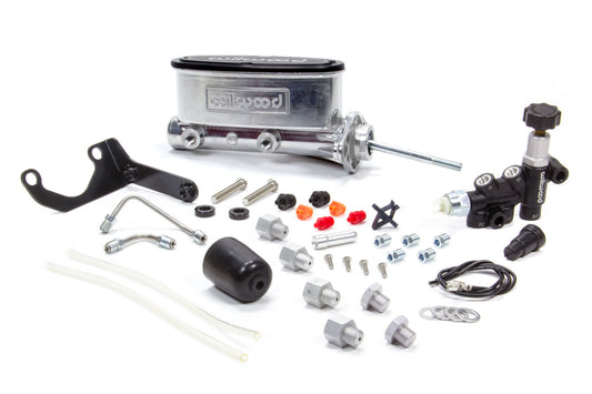 Master Cylinder - Tandem - 0.938 in Bore - 1.100 in Stroke - Integral Reservoir - Bracket / Proportioning Valve Included - Aluminum - Polished - Kit