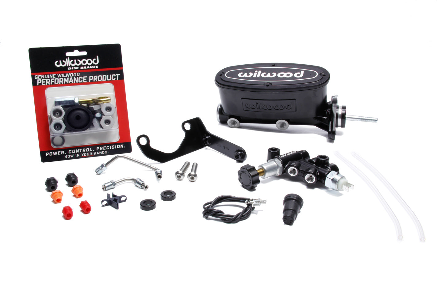 Master Cylinder - Tandem - 0.938 in Bore - 1.100 in Stroke - Integral Reservoir - Bracket / Proportioning Valve Included - Aluminum - Black Paint - Kit