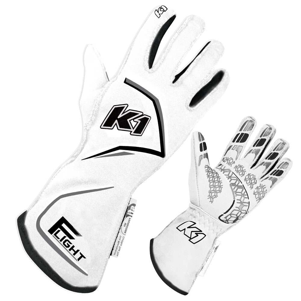 K1 Flight Adult Nomex® Auto Racing Gloves SFI 3.3/5 - White, Grey - Large