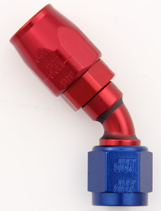 Fitting - Hose End - 45 Degree - 8 AN Hose to 8 AN Female - Double Swivel - Aluminum - Blue / Red Anodized - Each