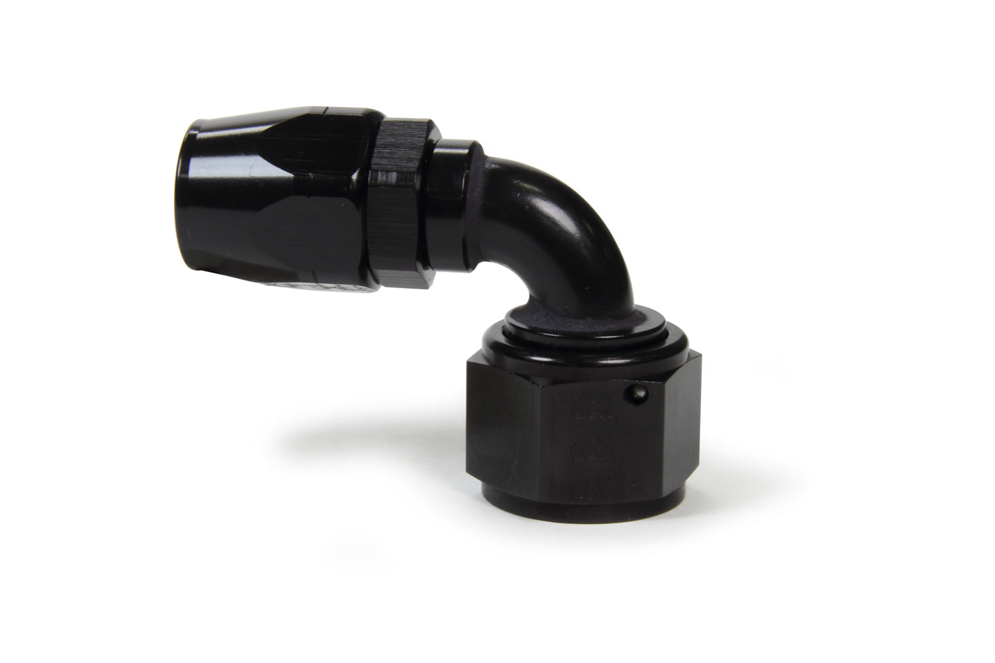 Fitting - Hose End - 90 Degree - 10 AN Hose to 12 AN Female - Double Swivel - Aluminum - Black Anodized - Each