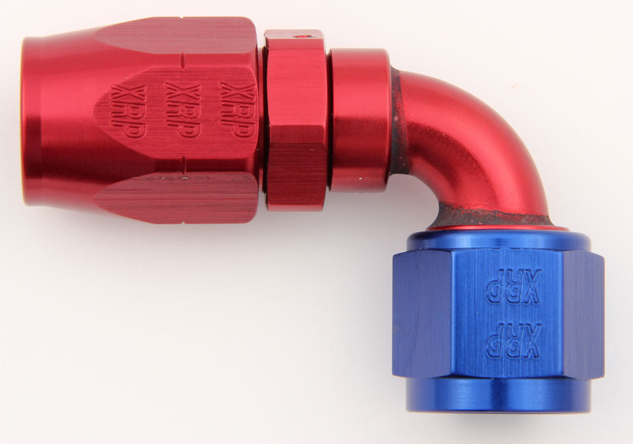 Fitting - Hose End - 90 Degree - 16 AN Hose to 16 AN Female - Double Swivel - Aluminum - Blue / Red Anodized - Each