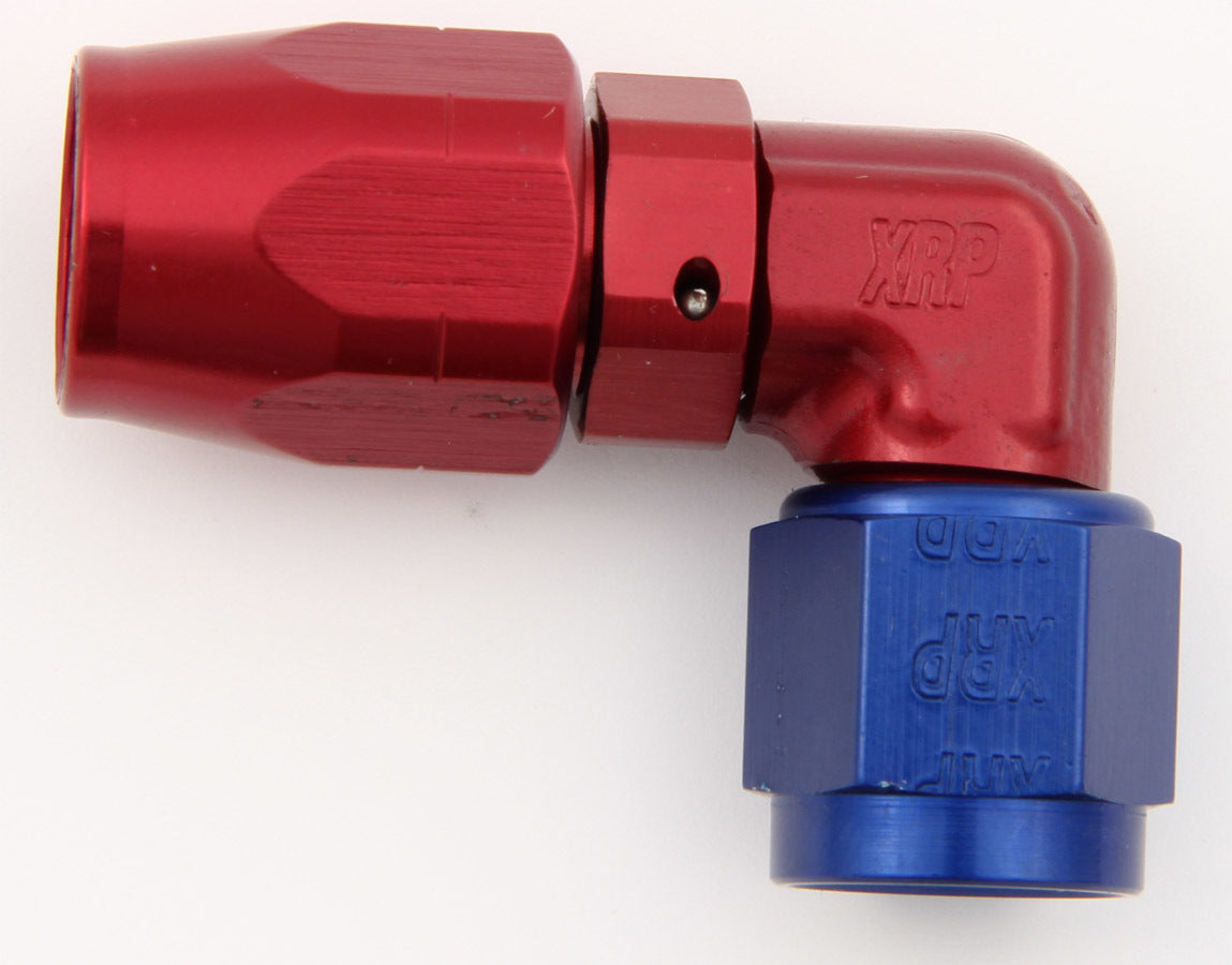 Fitting - Hose End - 90 Degree - Low Profile - 10 AN Hose to 10 AN Female - Double Swivel - Aluminum - Blue / Red Anodized - Each