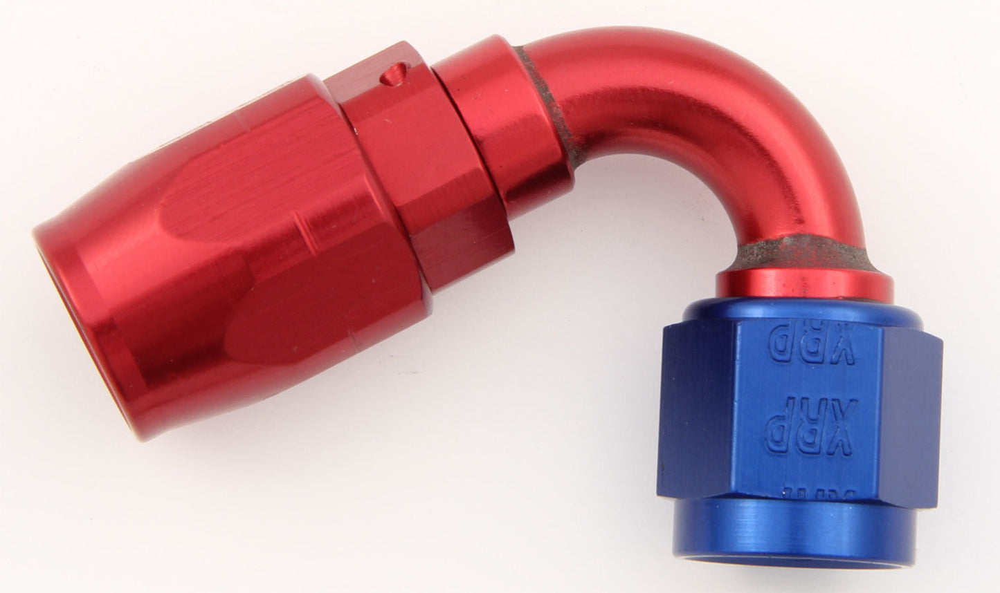 Fitting - Hose End - 120 Degree - 6 AN Hose to 6 AN Female - Double Swivel - Aluminum - Blue / Red Anodized - Each