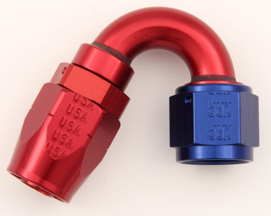 Fitting - Hose End - 150 Degree - 12 AN Hose to 12 AN Female - Double Swivel - Aluminum - Blue / Red Anodized - Each