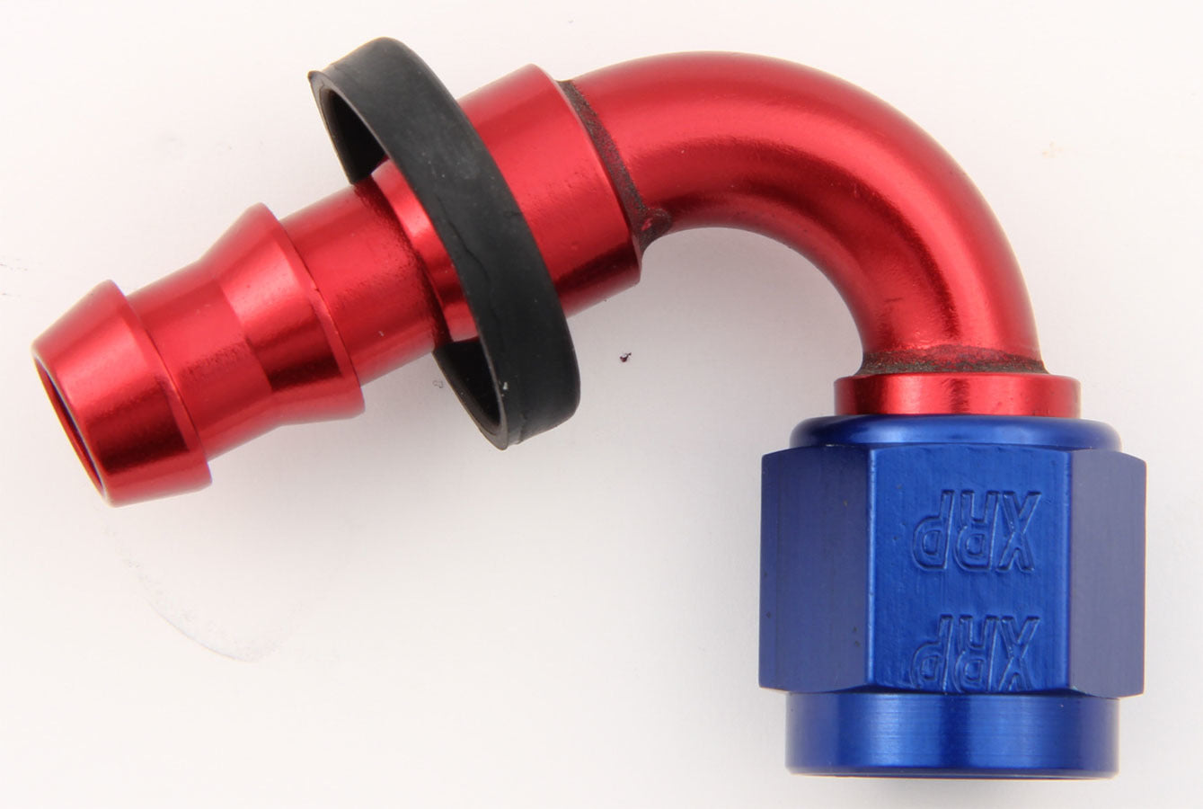 Fitting - Hose End - Push-On - 120 Degree - 8 AN Hose Barb to 8 AN Female - Aluminum - Blue / Red Anodized - Each