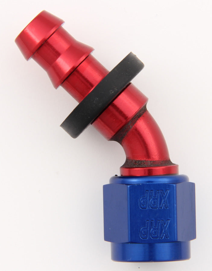 Fitting - Hose End - Push-On - 45 Degree - 8 AN Hose Barb to 8 AN Female - Aluminum - Blue / Red Anodized - Each