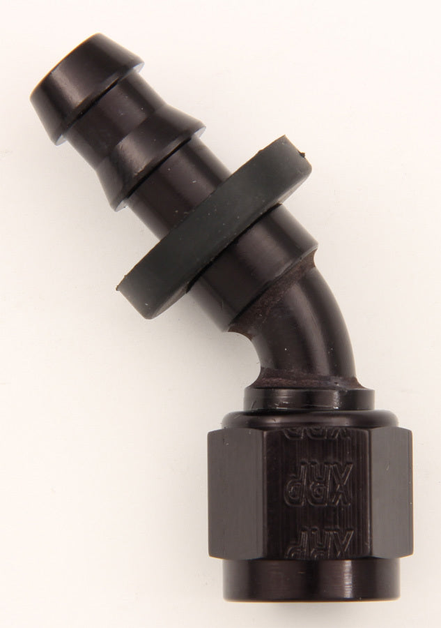Fitting - Hose End - Push-On - 45 Degree - 8 AN Hose Barb to 8 AN Female - Aluminum - Black Anodized - Each