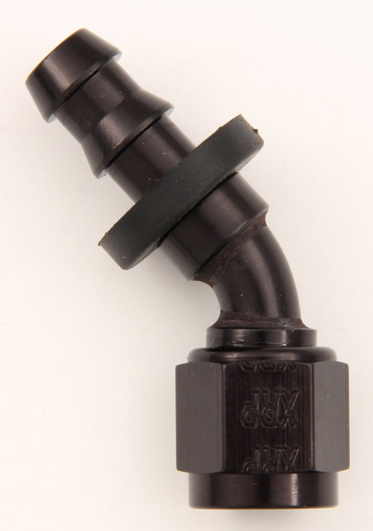 Fitting - Hose End - Push-On - 45 Degree - 10 AN Hose Barb to 10 AN Female - Aluminum - Black Anodized - Each