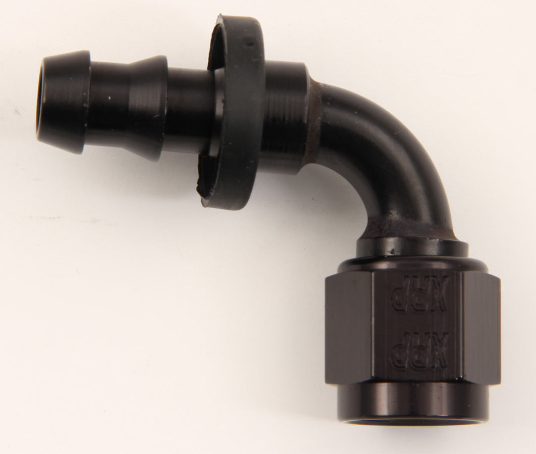 Fitting - Hose End - Push-On - 90 Degree - 8 AN Hose Barb to 8 AN Female - Aluminum - Black Anodized - Each