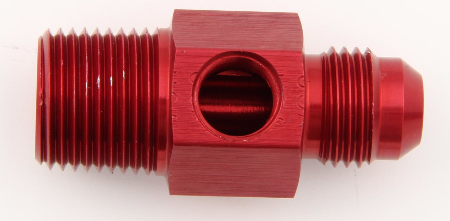 Fitting - Gauge Adapter - Straight - 6 AN Male to 3/8 in NPT Male - 1/8 in NPT Gauge Port - Aluminum - Red Anodized - Each