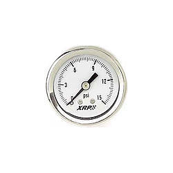 Pressure Gauge - 0-15 psi - Mechanical - Analog - 1-1/2 in Diameter - Liquid Filled - 1/8 in NPT Port - White Face - Each