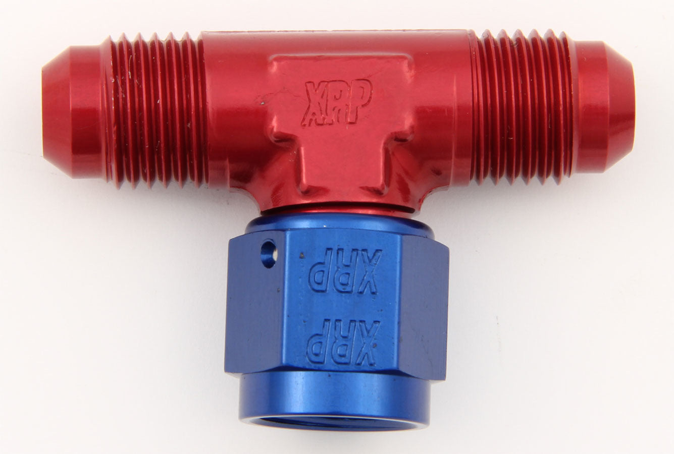 Fitting - Adapter Tee - 4 AN Female Swivel x 4 AN Male x 4 AN Male - Aluminum - Blue / Red Anodized - Each