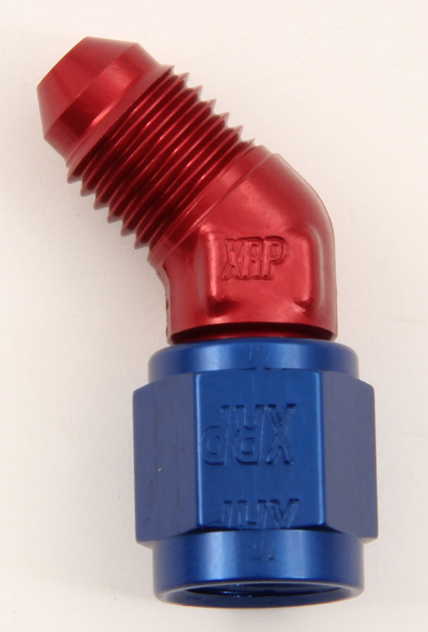 Fitting - Adapter - 45 Degree - 4 AN Female Swivel to 4 AN Male - Low Profile - Aluminum - Blue / Red Anodized - Each